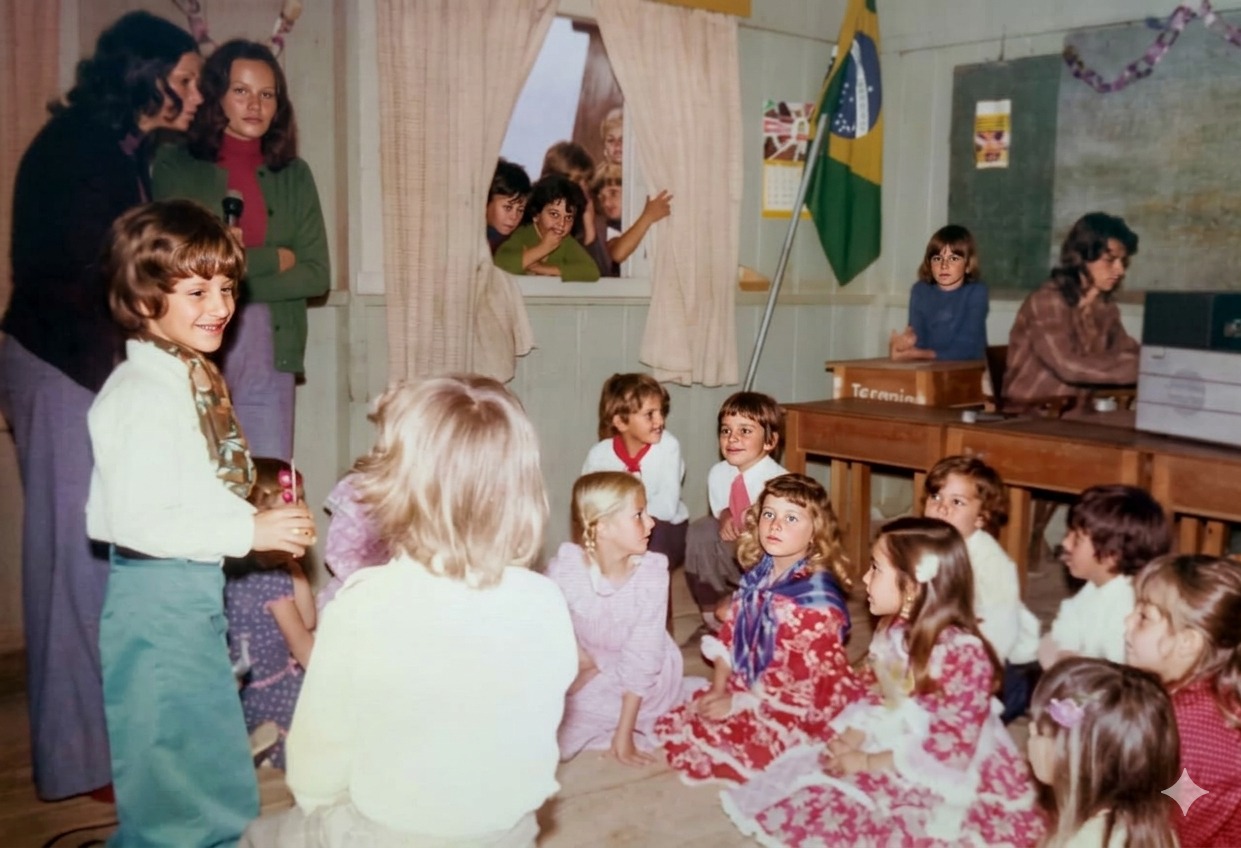 Professora com crianças na escola rural